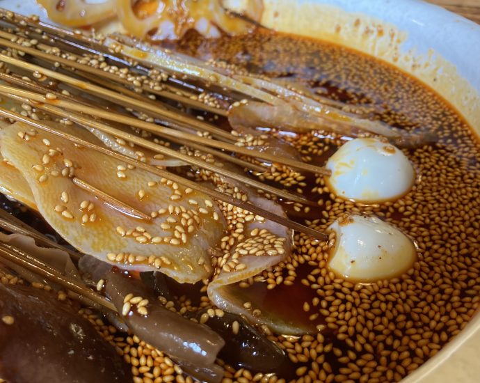 Sichuan Bo Bo Chicken cold skewered chicken in chili oil with sesame