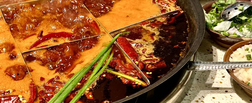 Chongqing nine-grid mala hotpot with spicy red broth and tripe