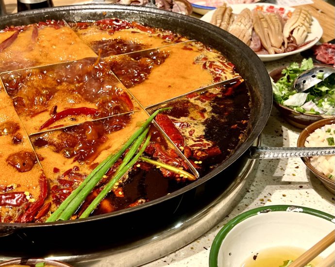 Chongqing nine-grid mala hotpot with spicy red broth and tripe