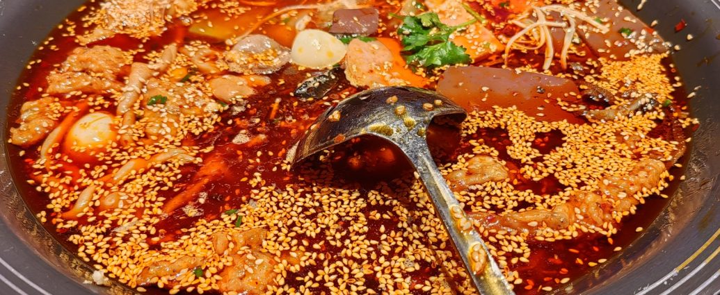 Authentic Mao Xue Wang spicy duck blood and tripe pot with chili oil