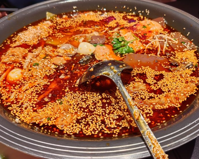 Authentic Mao Xue Wang spicy duck blood and tripe pot with chili oil