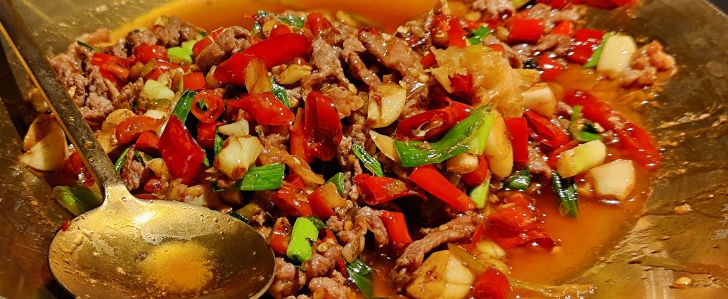 Hunan Xiao Chao Huang Niu Rou stir-fried beef with red chilies celery and pickled peppers