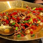 Hunan Xiao Chao Huang Niu Rou stir-fried beef with red chilies celery and pickled peppers